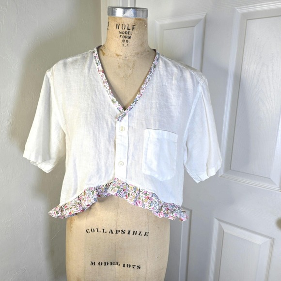 Tops - Upcycled off white womens cottagecore Linen floral ruffle. ‎ oversized S-M